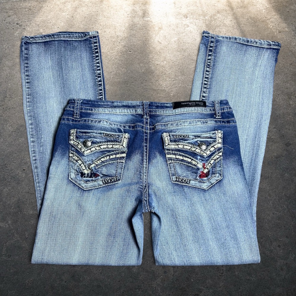 Twentyone Black Distressed Bootcut Jeans Blue Y2K Retro Biker Size 11